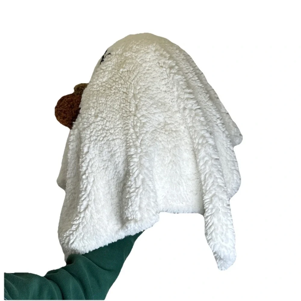 NEW Halloween Pottery Barn Gus The‎ Ghost Pillow holding Pumpkin White Sherpa PB